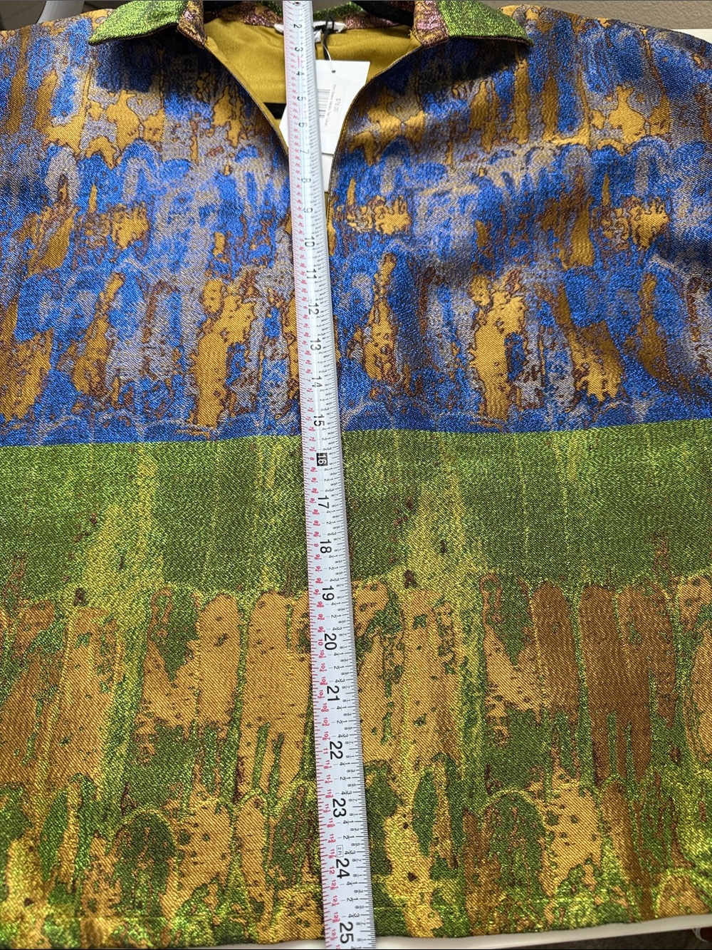 THML Blue, Green & Gold Metallic Short-Sleeve Jacquard Blouse - Picture 8 of 8
